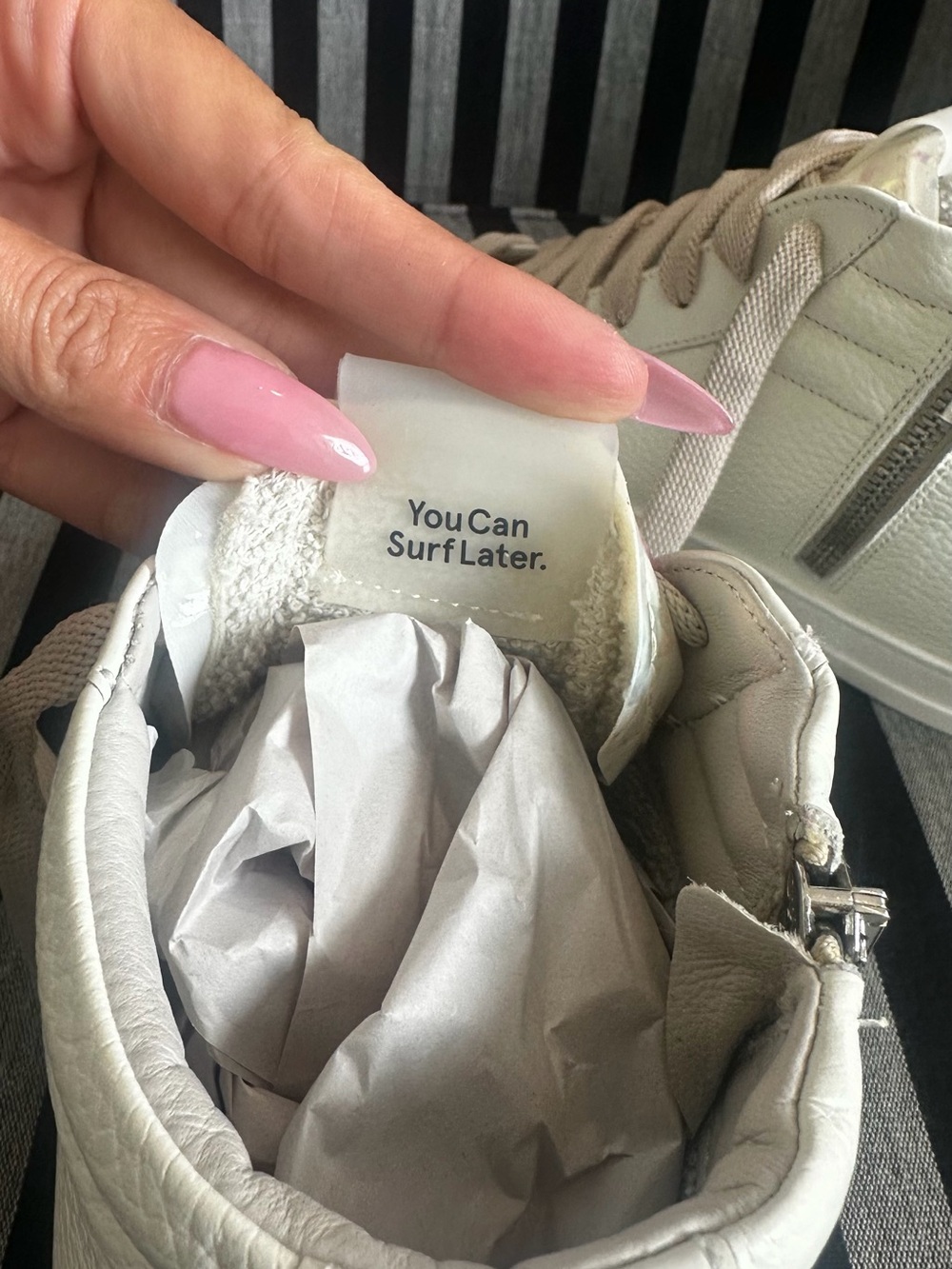 P448 Women’s White High-Top Sneakers with Taupe Laces - Picture 3 of 16
